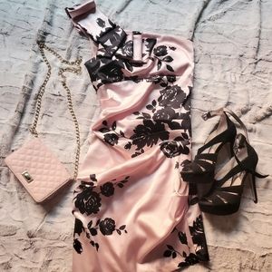 Rose Pink, Black Floral One-shoulder Bodycon